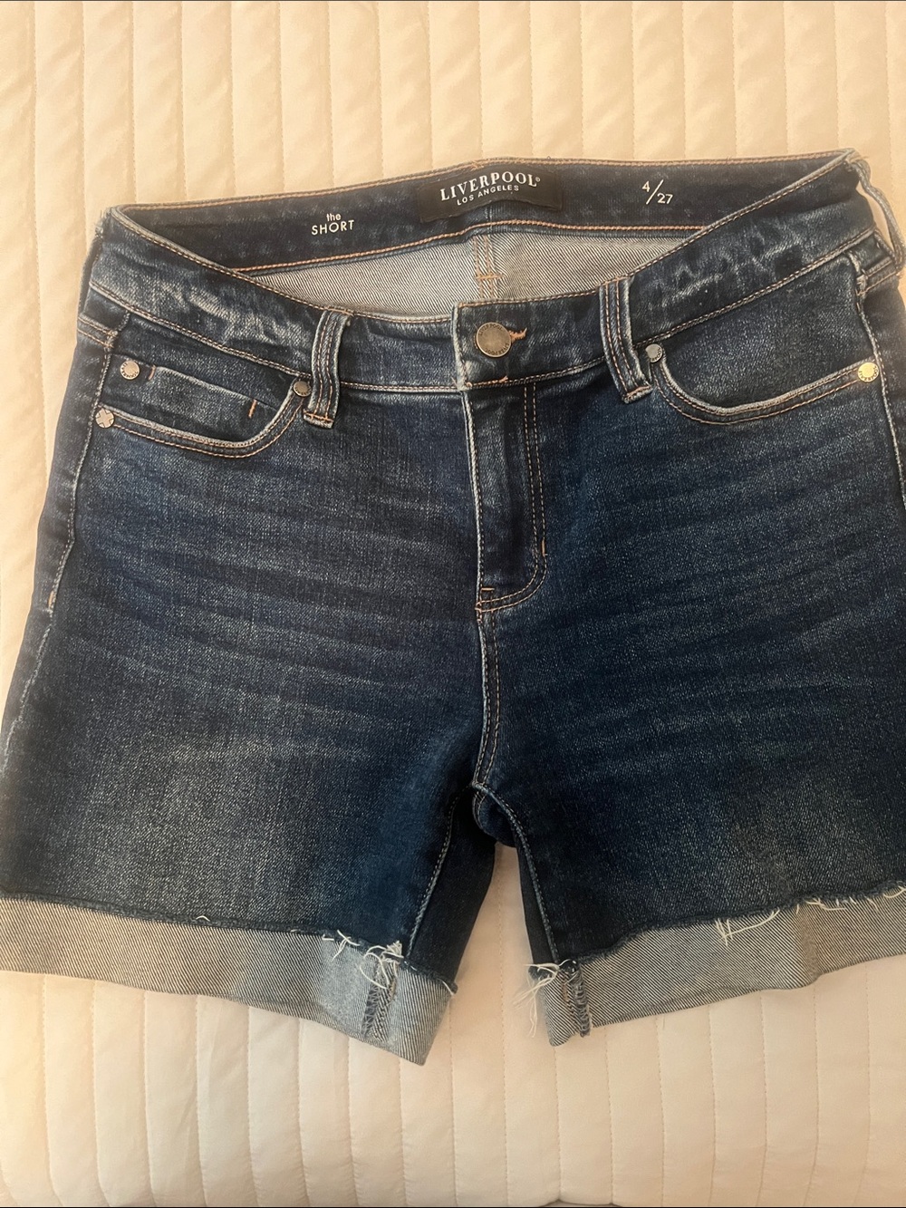 Liverpool Dark Blue Rolled-Hem Denim Shorts